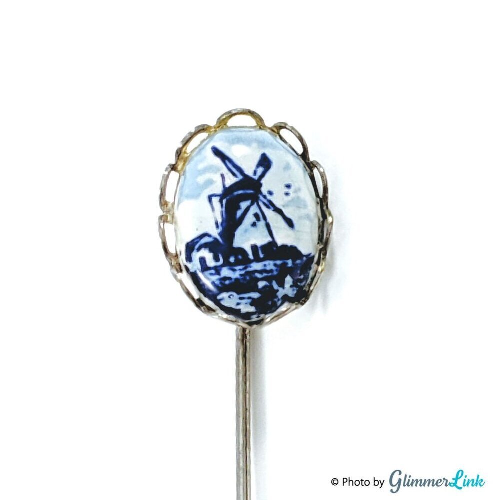 Vintage Delft Style Windmill Porcelain Stick Pin Blue White Dutch Holland